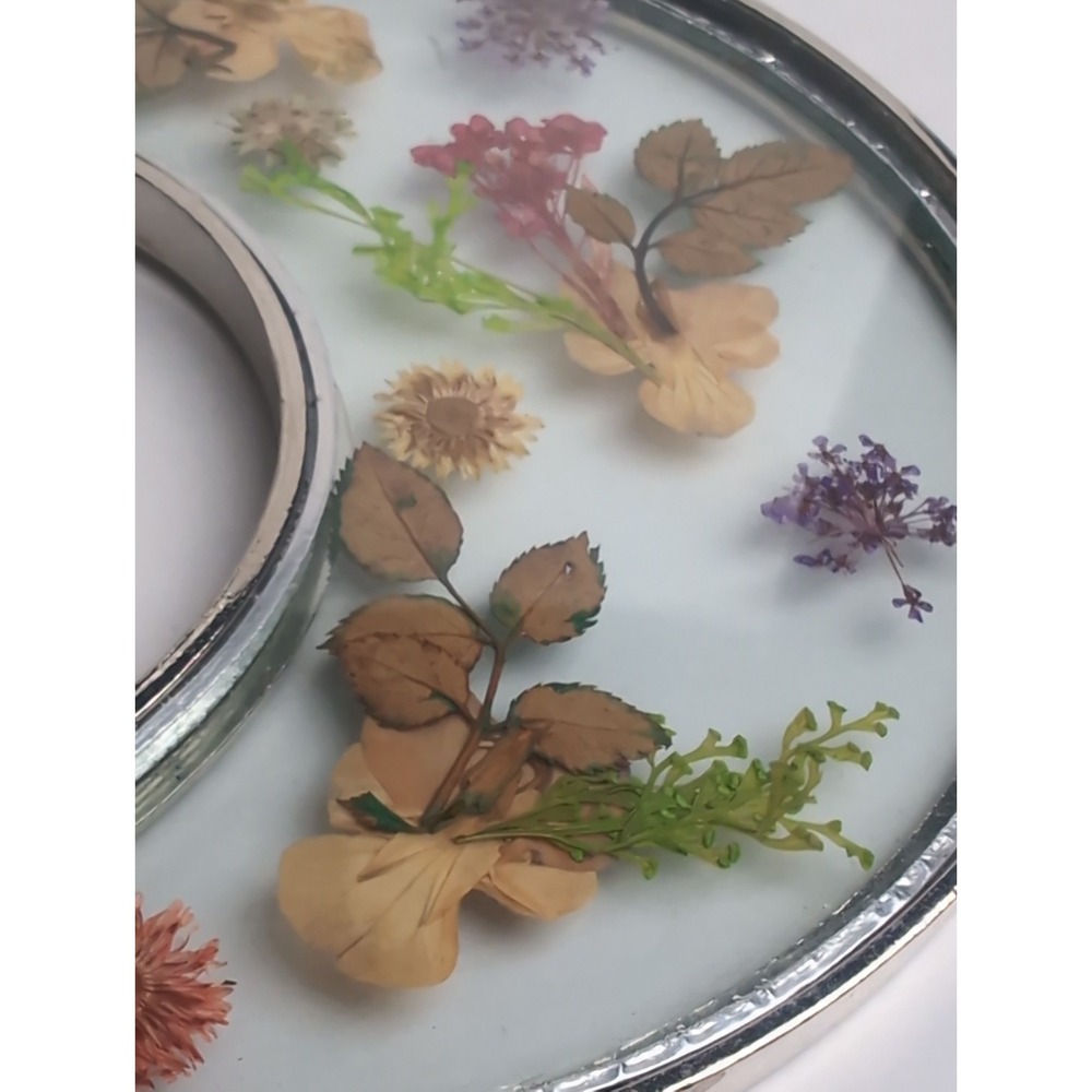 Vintage Dried Pressed Flowers Glass Metal half Moon Frame Hanging W/Rose Quartz - Picture 6 of 13